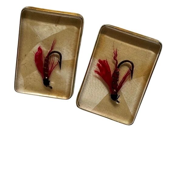 Vintage 1950s Hickok Fly Fishing Cufflinks โ Red Feather in Lucite - Picture 1 of 8